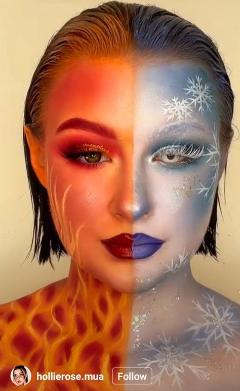 Fire Vs Ice Makeup, Ice Face Paint, Fire Vs Ice Costume, Ice Face Makeup, Fire And Ice Photoshoot, Fire Body Painting, Fire And Water Costume, Fire And Ice Couples Costume, Fire And Ice Makeup Looks