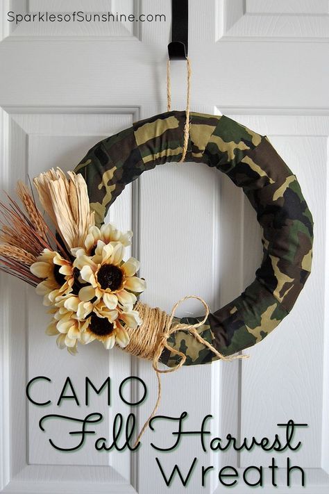 Camo Wreath, Picture Frame Store, Fall Harvest Decorations, Harvest Wreath, Yarn Wreath, Fall Arrangements, Harvest Decorations, Floral Foam, Thanksgiving Crafts