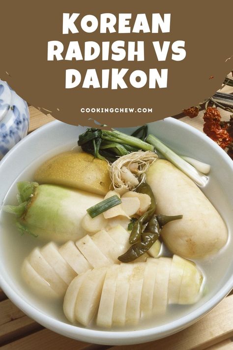 Learn the differences between these two zesty vegetables, Korean Radish vs Daikon, how they are used in recipes, and what makes them each unique. Korean Radish Recipes, Sunomono Salad, Korean Radish, Radish Recipes, Pickled Radishes, Vietnamese Cuisine, Korean Dishes, Miso Soup, Food Preservation