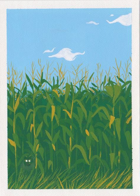 Corn field, stalk, stalks, raccoon, animal, farm, farmhouse, cottage, decor, painting, original, art, blue, green, yellow. Cornfield Drawing Easy, Corn Stalk Painting, Farm Mural Painting, Corn Field Illustration, Cornfield Illustration, Cornfield Painting, Corn Field Painting, Corn Field Drawing, Corn Illustration