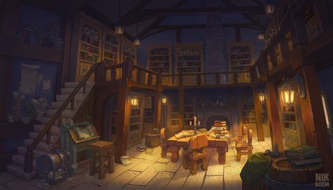 The medieval library & props, Nikita Bufatin on ArtStation at https://www.artstation.com/artwork/28x2Yy Minecraft Medieval Library, Fantasy Cottage Interior, Library Exterior, Medieval Library, Library Artwork, Fantasy Library, Magical Library, Interior Concept Art, Ancient Library