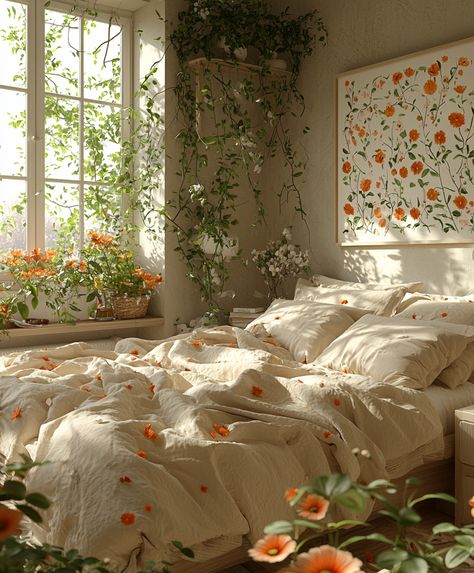 A warm and inviting bedroom with floral wall art in soft pastel colors, natural light streaming through the window, a plush bed dressed in cozy linens, and green plants adding a fresh touch. Cozy Pastel Bedroom, Flower Bedroom Aesthetic, Dopamine Decor Bedroom, Pastel Bedroom Decor, Abstract Bedroom, Light Inspiration, Pastel Bedroom, Flower Bedroom, Creative Wall Art