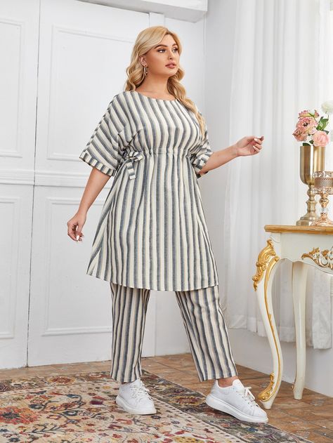 Multicolor Casual  Half Sleeve Cotton Striped  Embellished Non-Stretch Spring/Summer Plus Size Co-Ords Co Ords Outfits Two Pieces, Co Ords Outfits, Cord Set, Bollywood Outfits, Summer Plus Size, Cute Couple Wallpaper, Top Pants Set, Co Ords, Fashion Hacks Clothes