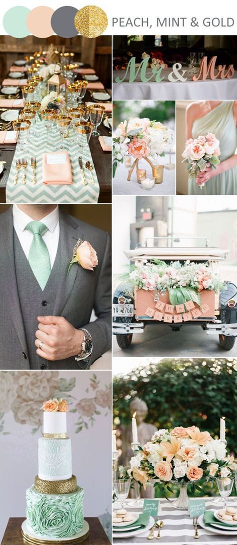 Wedding Themes Spring, Wedding Mint Green, Mint And Gold, Green Themed Wedding, Mint Wedding, Wedding Theme Colors, Peach Wedding, Second Weddings, Wedding Color