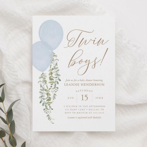 Twin Boys Blue Balloon Eucalyptus Baby Shower Invitation Eucalyptus Gender Reveal, Gender Reveal Invitations Template, Twins Baby Shower Invitations, Its A Boy Balloons, Blue Balloon, Printable Invitation Templates, Baby Shower Invitaciones, Twins Baby Shower, Gender Reveal Invitations