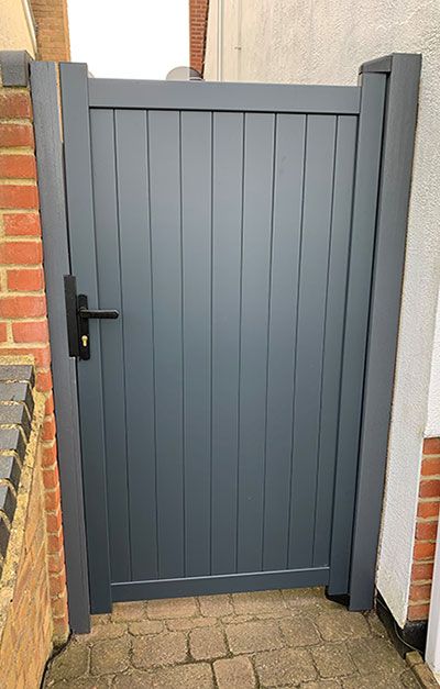 Byfleet-grey Garden Side Gates, Grey Wooden Fence, Side Fences And Gates, Back Gate Ideas, Side Gates Wooden, Backyard Gate Ideas, Modern Garden Gates, Side Gate Ideas, Metal Side Gate