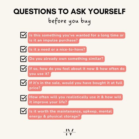 Do you struggle with impulse purchases? Before any new purchase, get into the habit of resisting temptation for at least 24 hours. And, in the meantime, ask yourself these questions to gain more clarity before you go ahead and splash the cash. Read the blog for more on how to break the cycle of buying stuff you don't need! 🛍️ Saving Money Journal, Money Journal, Resisting Temptation, Prompts For Healing, Mind Dump, Impulse Buying, Budgeting Saving Money, Living With Less, No Spend Challenge