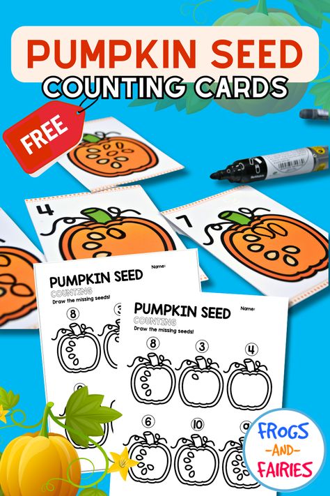 These FREE counting worksheets and cards are a playful way to practice counting on from a given number as well as addition up to 10 this Fall! You kids will read the number and draw the missing pumpkin seeds. Great fall themed math counting activities for your preschool or kindergarten math centers or independent practice! Pumpkin Seed Counting Activity, Pumpkin Counting Activities, Pumpkin Seed Counting, Pumpkin Preschool, Math Counting Activities, Pumpkins Preschool, Preschool Numbers, Kindergarten Math Centers, Pumpkin Activities