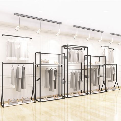 black clothing shop display units, black clothing shop display racks, black clothing shop display shelves, black wall display racks for clothing store Modern Clothing Rack, Clothing Display Rack, Clothing Rack Bedroom, Lady Shop, Clothing Rack Display, Clothing Display, Lady Clothes, Retail Store Interior Design, Clothing Store Interior