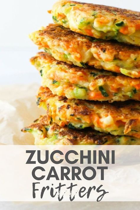 Zucchini Carrot Fritters - Brighten up fritters with a healthy twist. Add these Zucchini Carrot Fritters as a nutritious and delicious side dish for dinner and freeze a batch to enjoy later. via Chef Julie Harrington, RD @ChefJulie_RD #fritters #zucchini #carrot #plantbased #sidedish #glutenfree Zucchini Carrot Fritters, Fritters Zucchini, Healthy Baked Snacks, Beans Sprouts, Carrot Fritters, Veggie Fritters, Zucchini Carrot, Side Dish For Dinner, Fritters Recipe