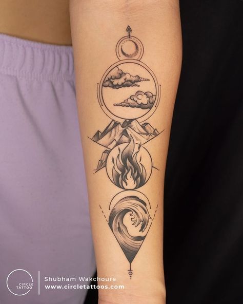 Element Tattoos For Women, Front Of Bicep Tattoo Women, Four Elements Tattoo Symbols, Wonderlust Small Tattoo, Elemental Tattoo Ideas, Elements Tattoo Ideas, 5 Elements Tattoo, Elemental Tattoos, Earth Element Tattoo