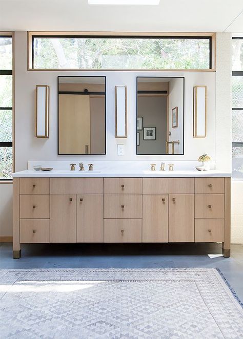 Clerestory window above vanity in bath. Bathroom Lighting Sconces, Window Lights, Disc Interiors, Master Bath Vanity, Interior Window, Large Bathroom, Clerestory Windows, Master Bath Remodel, Interior Windows