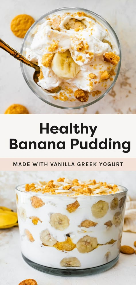 This healthy banana pudding is easy to make with just 4 simple ingredients. No pudding mix needed! It's rich, creamy and the perfect summer dessert to serve a crowd. Low Cal Banana Pudding, Healthy Dessert For A Crowd, Healthy Deserts Recipes Clean Eating, Banana Pudding Healthy, Healthy Banana Pudding, Aip Paleo Desserts, Banana Pudding Ingredients, Heart Healthy Desserts, Healthy Pudding