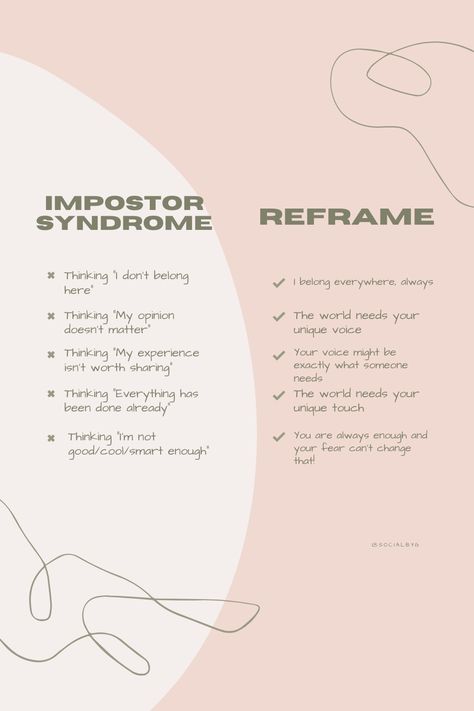 Understimulated Tips, Thought Reframing, Reframe Thoughts, Reframing Thoughts, Imposter Syndrome Tattoo, Reframing Negative Thoughts Quotes, Impostor Syndrome, Imposter Syndrome Activities, Imposter Syndrome Art