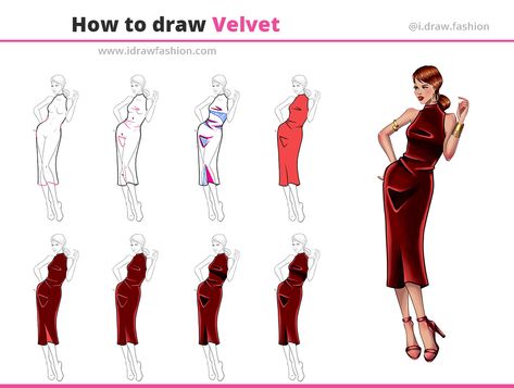 Drawing Velvet Fabric, How To Color Velvet Fabric Drawing, Fashion Illustration Short Dresses, Velvet Rendering Illustration, How To Draw Velvet Fabric, Velvet Texture Drawing, How To Draw Velvet, How To Draw Fabric Texture, How To Draw Fabric