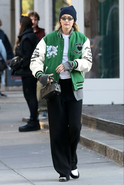 Rome Outfits, Tomboy Fits, Gigi Hadid Street Style, Varsity Jacket Outfit, Aw 23, Gigi Hadid Outfits, Gigi Hadid Style, Hadid Sisters, Model Outfit