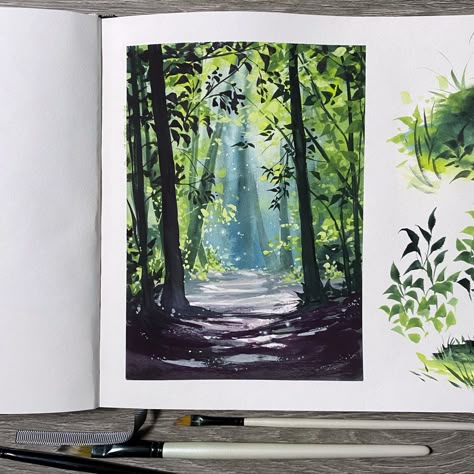 Sharing another landscape painting from my watercolor sketchbook. I recently added perylene and lemon yellow to my gouache palette. Here is one of my recent paintings 🌿✨ Landscape Gouache, Art Gouache, Days Challenge, Gouache Art, Forest Painting, Watercolor Art Lessons, Nature Art Painting, Amazing Art Painting, Forest Landscape