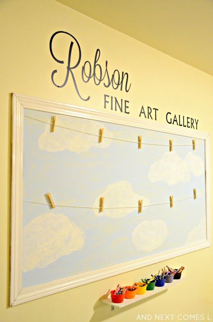 DIY art gallery for displaying children's artwork from And Next Comes L Displaying Childrens Artwork, Childrens Art Display, Art Display Kids, Childrens Artwork, Organisation Hacks, Kids Room Organization, Kids Artwork, Toy Rooms, Artwork Display