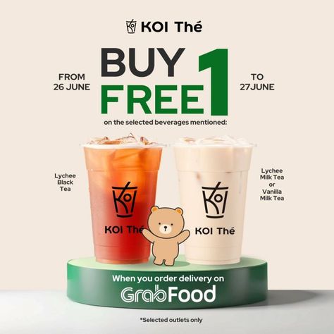 KOI Thé Buy 1 Free 1 Promotion on GrabFood (26-27 June 2024) Buy 1 Get 1 Free Design Poster Food, Free Coffee Poster, Drink Promotion Poster, Buy 1 Get 1 Free Design, Buy 2 Get 1 Free Posters, Buy One Get One Free Poster Design, Buy 1 Get 1 Free Design Poster, Coffee Promotion, Motion Graphics Trends