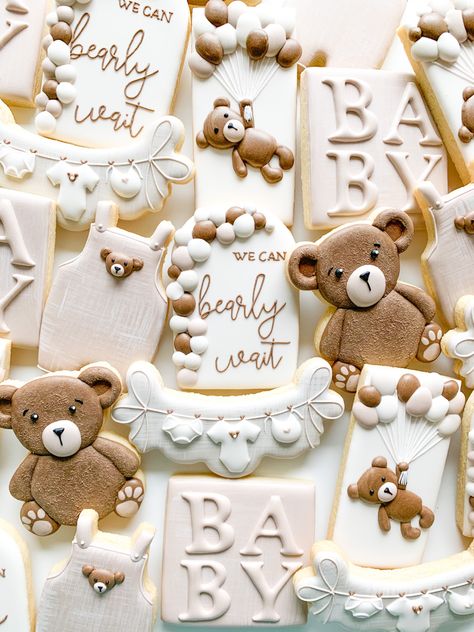 Teddy bear baby shower, baby shower ideas, decorated sugar cookies, custom sugar cookies Bear Theme Baby Shower Ideas, Teddy Bear Themed Baby Shower Ideas, Teddy Bear Baby Shower Cookies, Bear Themed Baby Shower Ideas, Bear Baby Shower Cookies, Teddy Bear Baby Shower Cake, Teddy Bear Baby Shower Theme, Bear Baby Shower Cake, Earth Tone Palette