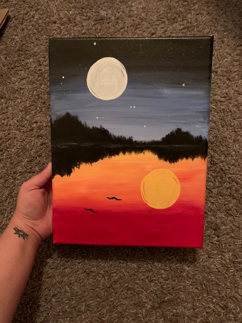 Painting Ideas On Canvas Half And Half, What To Draw On A Big Canvas, Canvas Art Inspo Easy, Fairy Canvas Painting Easy, Sunrise Scenery Drawing, Opposite Painting Ideas, Super Easy Canvas Painting Ideas, Easy Paintings For Girlfriend, Canvas Painting Meaningful