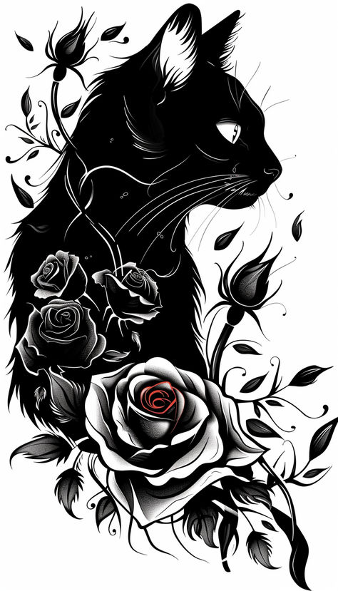 Black Cat Tattoo Black Cat Shoulder Tattoo, Cat Cover Up Tattoos For Women, Black Cat Leg Tattoo, Mythical Cat Tattoo, Black And White Cat Tattoo Ideas, Vintage Black Cat Tattoo, Black Cat Floral Tattoo, Cat Collar Bone Tattoo, Two Black Cats Tattoo