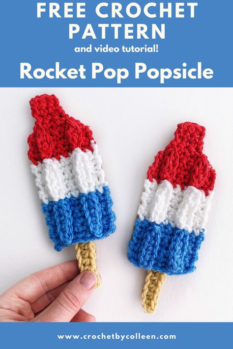 Beginner crochet pattern and video tutorial to make a rocket pop popsicle. Great summer crochet pattern! Crochet Popsicle, Crochet Rocket, Summer Crochet Patterns Free, Popsicle Pattern, Rocket Pop, Crochet Applique Patterns Free, Crochet Garland, Crochet Cat Pattern, Crochet Food