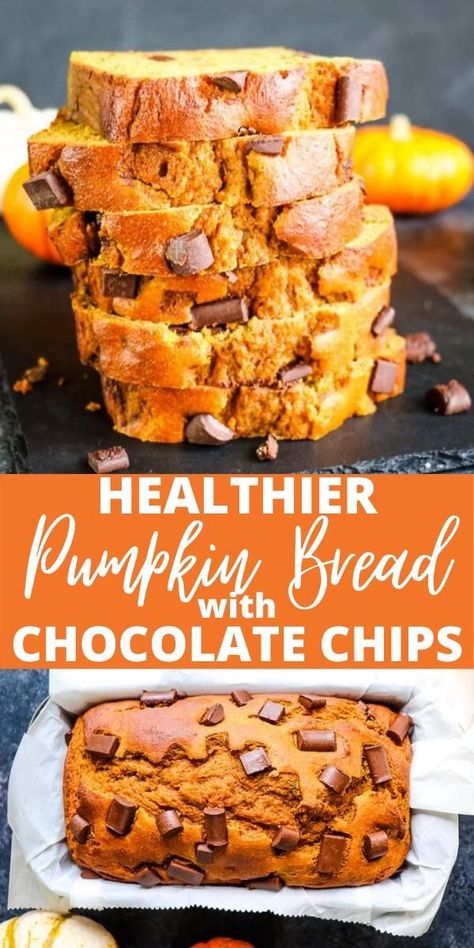 Pumpkin Bread Healthy, Healthy Pumpkin Bread Recipe, Pumpkin Bread With Chocolate Chips, Pumpkin Bread Recipe Healthy, Bread With Chocolate Chips, Best Pumpkin Bread Recipe, Starbucks Pumpkin Bread, Bread With Chocolate, Healthy Pumpkin Bread