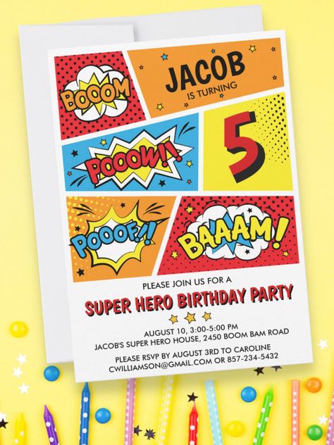 Superhero Birthday Party Invitation Any Age Celebrate your superhero with these awesome birthday party invitations featuring all your party details set against a comic strip-like background. Perfect for kids who love superhero and comic books #birthdaycards #birthdayparty #supergirl #superhero #comics Superman Happy Birthday, Comic Book Strip, Happy Birthday Invitation, Neon Pop Art, Superhero Birthday Party Invitations, Superhero Comic Book, Superhero Birthday Invitations, Neon Birthday, Birthday Cartoon