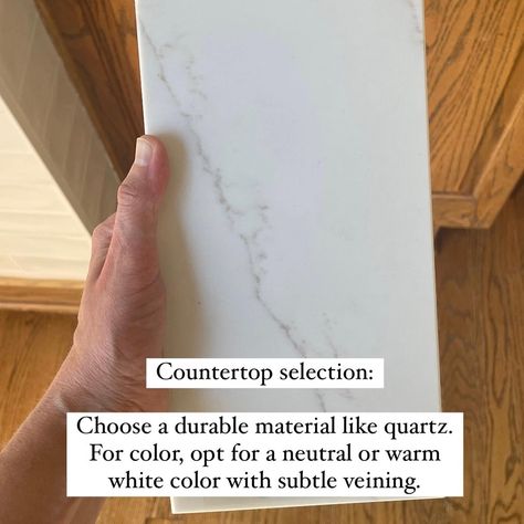 Here’s your step by step guide for updating your kitchen while KEEPING your wood cabinets as-is! 🤎 ✔️Gather inspiration! This is so helpful and pivotal for planning any home project. ✔️Make a plan and gather materials (tile, paint, countertop samples) ✔️Countertop selection: opt for a durable material like quartz. For color, go for a neutral or warm white with subtle veining. ✔️Backsplash: you can’t go wrong with a timeless white subway tile. Your grout color selection depends on the ty... Quartz Countertops With Beige Veining, Kitchen Quartz Backsplash, Neutral Countertops, Countertop Samples, Kitchen Quartz, White Kitchen Countertops, Breakfast Nook Table, Quartz Backsplash, Tile Paint