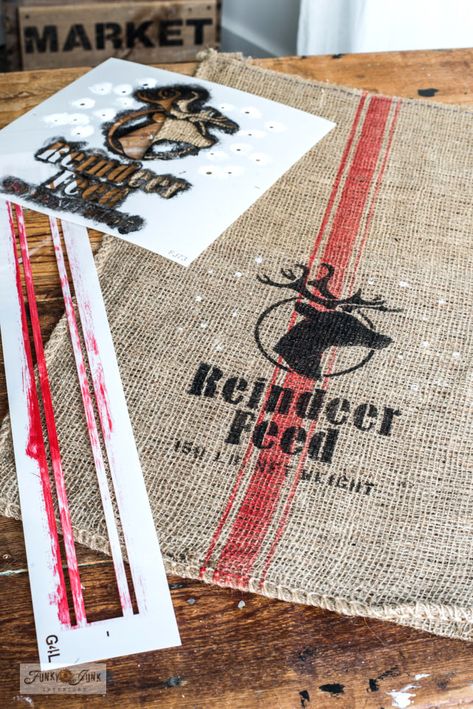 Learn how to make this rustic Christmas Reindeer Feed Santa Sack from a burlap sandbag! Complete with a vintage grain sack stripe for an authentic look! Featuring Funky Junk's Old Sign Stencils and Fusion Mineral Paint. #stencils #funkyjunksoldsignstencils #christmas #funkyjunkinteriors #fusionmineralpaint Reindeer Feed Sack, Grain Sack Ideas, Burlap Sack Ideas Diy, Coffee Sack Ideas, New Craft Ideas For 2024, Reindeer Feed, Burlap Crafts Diy, Best Pillows For Sleeping, Diy Reindeer