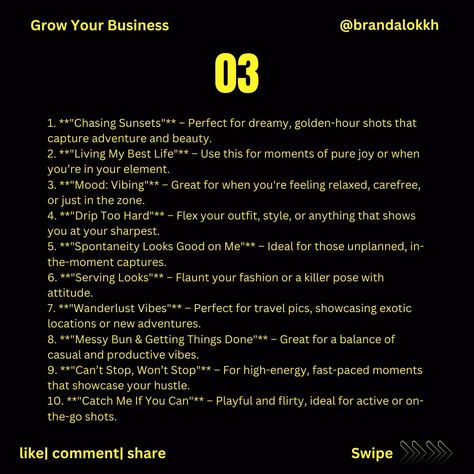 Here are some fun alternatives to help spice up your Instagram titles: 1. **"Making moves & catching vibes"** ✨🔥 2. **"Unfiltered moments, filtered selfies"** 📸😎 3. **"Keepin’ it real, one post at a time"** 💯💥 4. **"Sunshine & good times only"** ☀️🥳 5. **"Living for the moments you can’t put into words"** 💭🌈 6. **"Current mood: Unbothered"** 😌🎧 7. **"Life’s too short for boring captions"** ⚡️🚀 8. **"Proof I can adult... sometimes"** ☕💼 9. **"Feeling like a 10, looking like a 12"** 😏💅 10. **"... Boring Captions, Instagram Titles, Carousel Captions Instagram, Carousel Ads Design, Carousel Quotes, Spice Up Your Instagram, Carousel At Night, Carousel Design, Carousel 1956