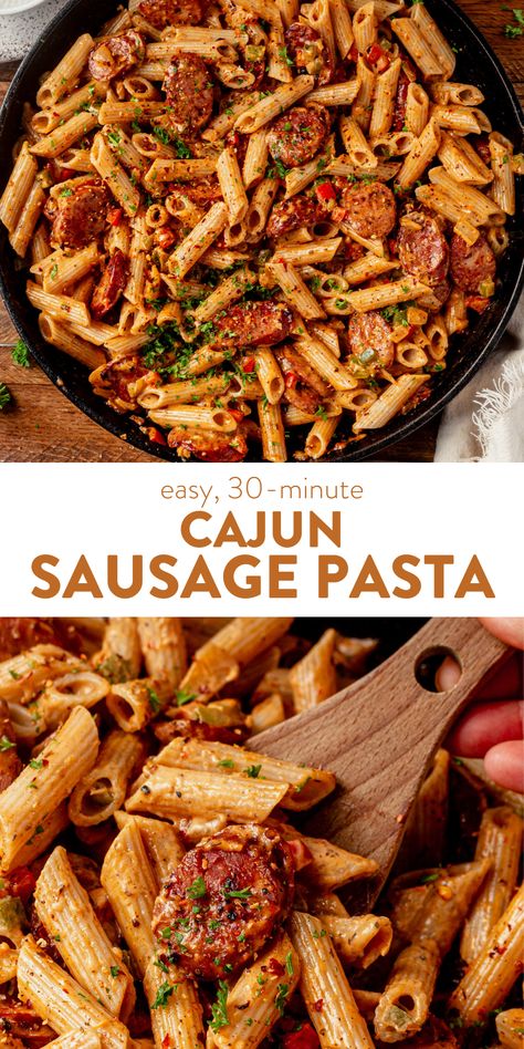 This cajun sausage pasta has a bold and spicy flavor profile and is full of vibrant colors. The noodles and smoky andouille sausage are coated in a rich and creamy Cajun-inspired sauce. Cajun Shrimp Pasta With Sausage, Shrimp And Sausage Pasta, Creamy Cajun Shrimp, Cajun Sausage Pasta, Andouille Sausage Recipes, Linguini Pasta, Creamy Cajun Shrimp Pasta, Shrimp And Sausage, Cajun Sausage