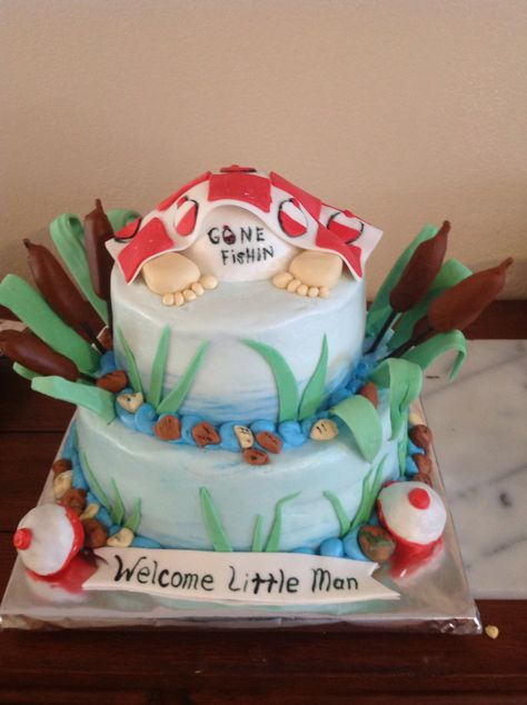 Fish He Or Fish She Gender Reveal Cake, Fishing Theme Baby Shower Cake, Gone Fishing Baby Shower Theme, Fishing Baby Shower Cake, Fishing Theme Baby Shower Ideas, Baby Shower Fishing Theme, Outdoor Gender Reveal, Fishing Theme Cake, Cakes Gone Wrong