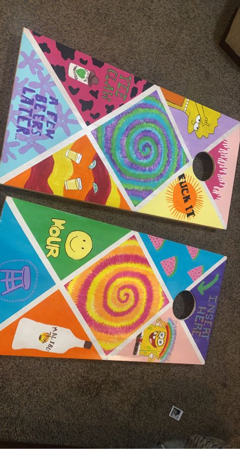 Custom Painted Cornhole Boards, Painting Corn Hole Boards Diy, Painting Cornhole Boards Designs Diy, Frat Cornhole Boards, Painted Cornhole Boards Ideas, Hand Painted Cornhole Boards, Cornhole Boards Painting Ideas, Cool Cornhole Boards, Corn Hole Boards Designs Paint Diy