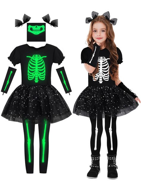 PRICES MAY VARY. Complete Set with Extra Accessories: Our costume set includes a glow-in-the-dark short-sleeved dress, glow-in-the-dark sleeves, glow-in-the-dark leggings, a glow-in-the-dark face cover, and a pair of black bow hair clips. You'll have everything you need to create a stunning and spooky Halloween look for your little girl. Eye-catching Glow-in-the-Dark Design: Our Halloween girls glow in the dark skeleton dress set features a special craftsmanship that allows it to emit a mesmeriz Cheerleading Dress, Chewbacca Costume, Hello Kitty Costume, Cinderella Dress Disney, Glow In The Dark Skeleton, Dark Skeleton, Skeleton Dress, Up Halloween Costumes, Costume Tutu