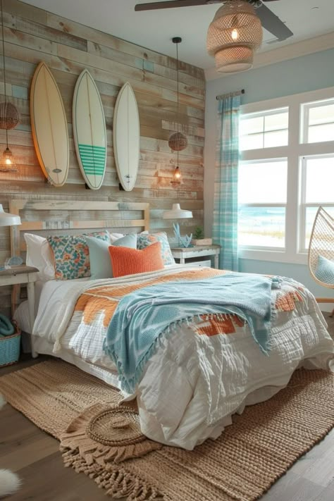 Bring the beach vibes home with our serene surfer-inspired boho bedroom decor for teens, where coastal elements, surf-inspired motifs, and relaxed vibes create a space that's laid-back, tranquil, and perfect for riding the waves of relaxation. Click the link to explore how to design a serene boho retreat for your teen! Surfer Beach Bedroom, Boho Costal Bedroom, Beach Room Decor Bedroom, Boho Surf Bedroom, Teen Beach Bedroom, Beach Vibes Room, Teen Beach Room, Coastal Teen Bedroom, Summer Room Aesthetic