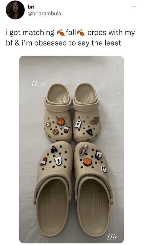 Brown Crocs Aesthetic, Brown Crocs With Charms, Bone Crocs Jibbitz, Crocs Couple Charms, Beige Crocs With Charms, Beige Crocs, Black Crocs Charms Aesthetic, Grey Crocs With Jibbitz, Crocs With Jibbitz