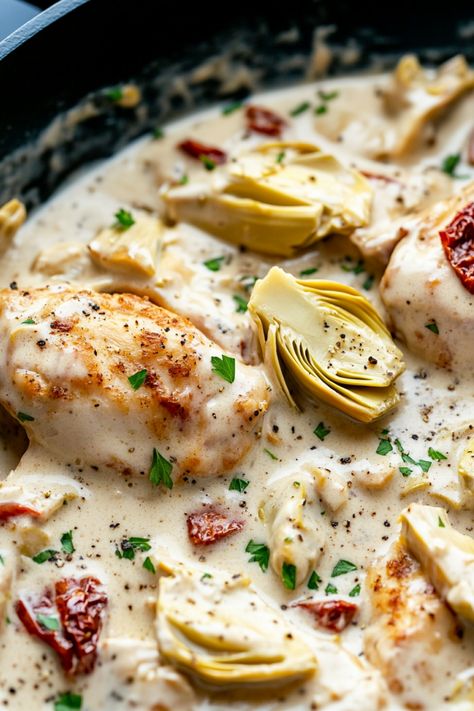 Indulge in a savory culinary experience with our delicious recipe for tender chicken breast paired with flavorful artichoke hearts. This mouthwatering dish is perfect for a cozy family dinner or impressing guests at your next gathering. The combination of juicy chicken and tangy artichokes is sure to please even the pickiest eaters at your table. Treat yourself to a delightful meal that's easy to make and tastes like it came straight from a five-star restaurant. Recipes With Artichoke Hearts, Chicken With Artichoke Hearts, Chicken Artichoke Recipes, Best Chicken Breast, Five Star Restaurant, Artichoke Heart Recipes, Creamy Chicken Dish, Chicken Artichoke, Chicken Lickin