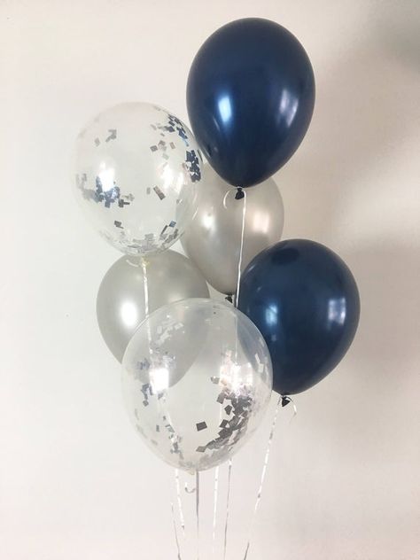 Welcome to Oh How Charming! This listing is for (2) navy (2) metallic silver and (2) silver mylar confetti 11 latex balloons. ~ Balloons ship flat & deflated ~ Clear Balloons are pre-stuffed with confetti ~ Can be filled with air or helium ~ Filling balloons with air will not float ~ Balloon shown Navy And Silver Party, Mom Balloons, Navy Bridal Party, Navy Bridal Parties, Marine Party, Birthday Ideas For Mom, Filling Balloons, Navy Bridal Shower, Bridal Shower Balloons