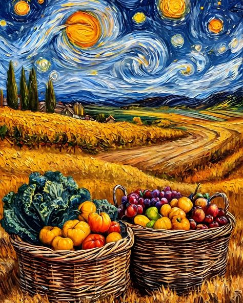 The painting is executed in a post-impressionist style, with vibrant colors and dynamic strokes reflecting movement and mood. At the center are baskets of vegetables under an evening sky full of stars.

 #aiart #painting #impressionism #vangogh #nature #harvest #fantasyart #surrealism Painting Impressionism, Sky Full Of Stars, Sky Full, Evening Sky, Impressionist Paintings, Post Impressionists, Impressionism, Van Gogh, Surrealism