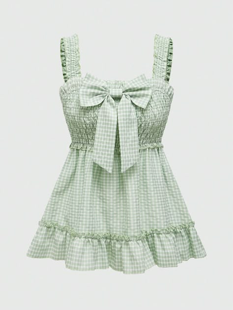 ROMWE Kawaii Gingham Bowknot Decorated Ruffle Hem Tank Top For SummerI discovered amazing products on SHEIN.com, come check them out! Shein Kawaii, Top For Summer, Green Outfit, Lookbook Outfits, Kids Beachwear, Amazing Products, Ruffle Hem, New Outfits, Summer Women