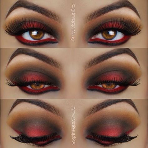 Red and black bold eyeshadow Red And Black Eye Makeup, Black Harley Quinn, Harley Quinn Makeup, Black Eye Makeup, Red Eye Makeup, Trendy Eyeshadow, Vampire Makeup, Halloween Eye Makeup, Halloween Makeup Inspiration