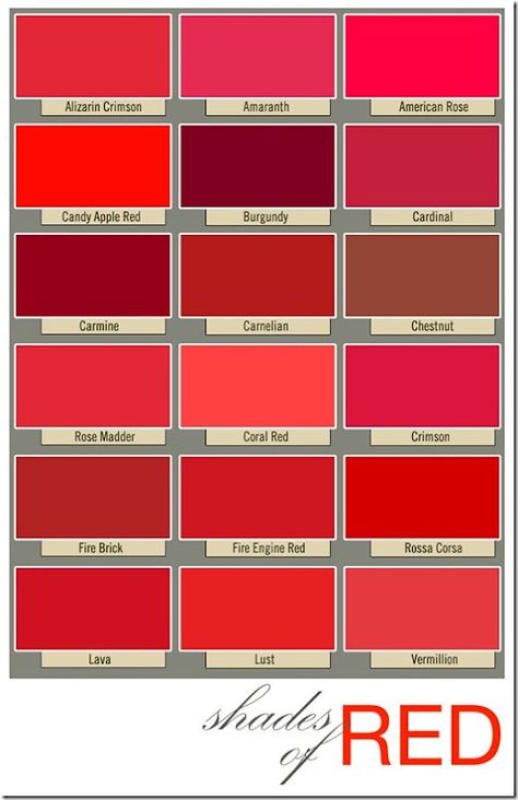 This arrangement of the shades of red, also suggests the many tones of my emotion throughout the scene: Shades Of Red Color, Remodel House, True Spring, Different Shades Of Red, Colour Mixing, Red Colour Palette, Color Board, Simply Red, Candy Apple Red