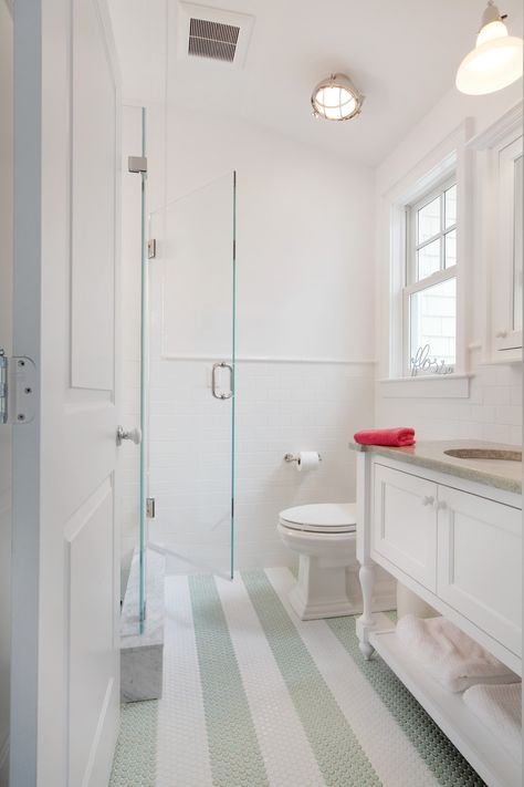 Kids' bath cute floor Penny Tile Floors Bathroom, Striped Penny Tile Bathroom, Penny Tile Stripe Bathroom, Penny Tile Stripes, Stripe Penny Tile, Stripe Tile Floor, Striped Penny Tile Floor, Striped Bathroom Tile, Bathroom Penny Tile Floor