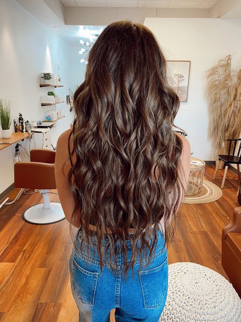 Hair Extensions Brown Brunettes, Dark Brown With Extensions, Long Brown Beachy Hair, Brown Hair Colors With Extensions, Hand Tied Extensions Before And After Brunette, Long Brunette Extensions, 22 Inch Hair Extensions Brunette, Brunette Balayage Hair With Extensions, Brunette Hair Styles Long