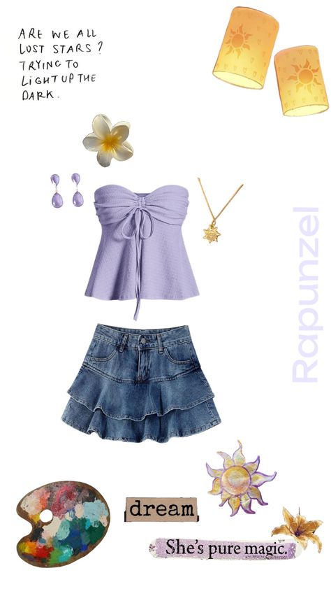 #rapunzel #tangled #disney #princess #styleboard Tangled Disney Outfit, Rapunzel Inspired Outfit Casual, Tangled Outfit Ideas, Modern Rapunzel Outfit, Rapunzel Inspired Outfits, Rapunzel Outfit Ideas, Tangled Outfit, Rapunzel Inspired Outfit, Disney Cruise Outfits