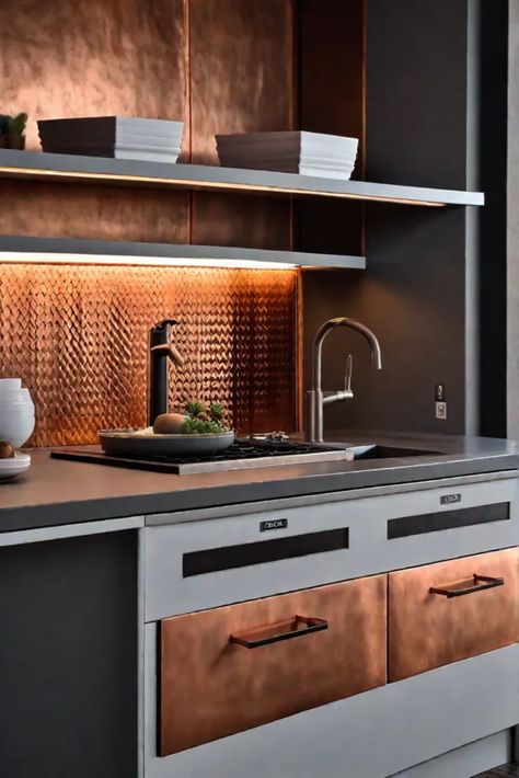 Copper backsplash industrial chic kitchen metallic accents Backsplash Kitchen Industrial, Copper Kitchen Design, Mixing Copper And Stainless Steel In Kitchen, Copper Kitchen Backsplash Ideas, Hammered Copper Backsplash, Green And Copper Kitchen, Copper Splashback Kitchen, Sheet Metal Backsplash, Copper Backsplash Kitchen