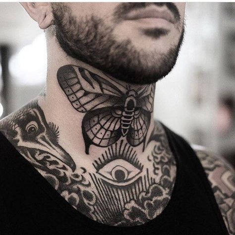 Butterfly Tattoo On Neck Men, Neck Tattoo Butterfly Men, Butterfly Throat Tattoo Men, Old School Throat Tattoo, Throat Tattoo Butterfly, Butterfly Front Neck Tattoo, Butterfly Neck Tattoo Men, Butterfly Throat Tattoo, Neck Tattoo Butterfly