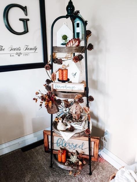 Corner Shelf Decor, Floor Shelves, Hobby Lobby Shelf, Flower Arrangements Ideas, Rolling Pin Crafts, Indoor Fall Decor, Hobby Lobby Decor, Tiered Shelf, Pattern Interior